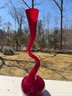 Hand-Blown Red Spiral Glass Sculpture Vase - Home Art Accent